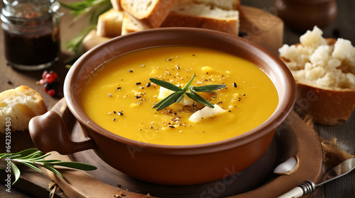 A bowl of creamy and satisfying butternut squash soup with a drizzle of olive oil