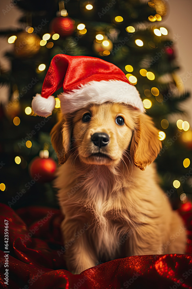 Christmas puppy with gift and decorations, generative ai 