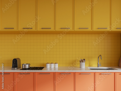 Bright home kitchen interior with sink and stove, kitchenware with shelves
