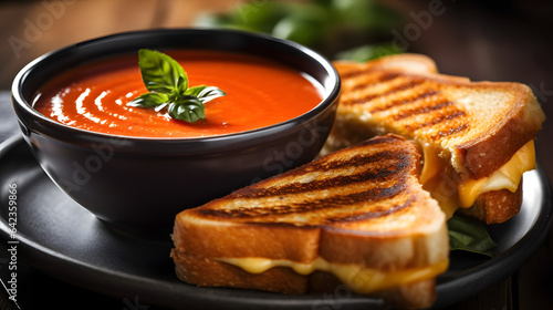 A bowl of creamy and comforting tomato soup with grilled cheese sandwich