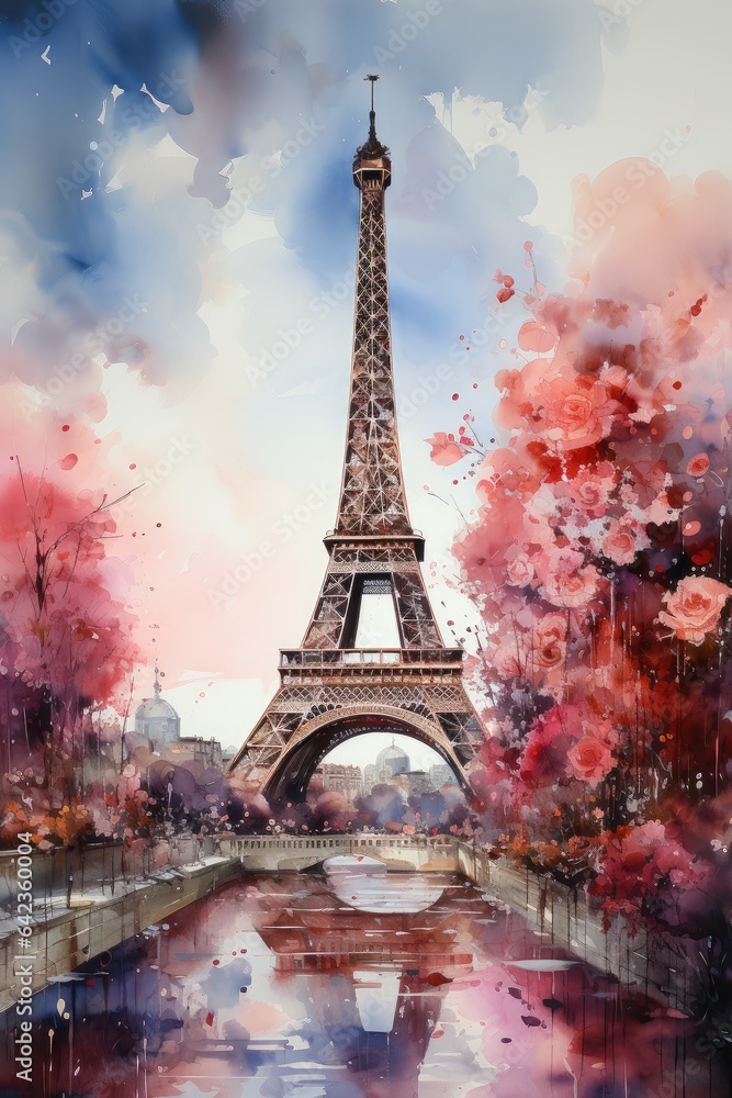 Watercolor Eiffel Tower on a background of pink roses and cherry blossoms. travel postcard