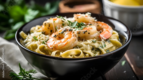 A bowl of creamy and flavorful shrimp pasta with garlic and herbs
