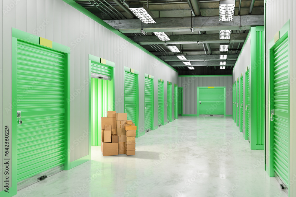 Storage units rent. Modern warehouse for individual storage. Corridor