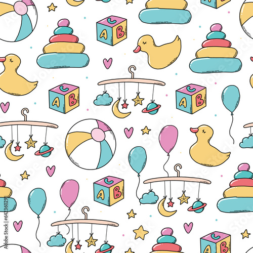 Baby's toys seamless pattern with toys and balloons on white background for nursery textile prints, wallpaper, wrapping paper, scrapbooking, stationary, etc. EPS 10