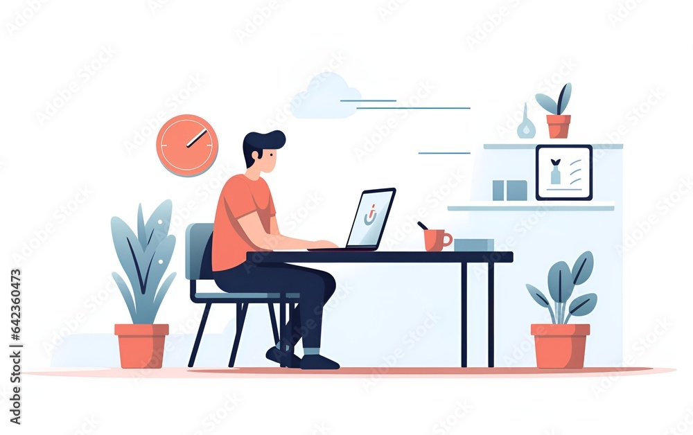 Minimalist character illustration of a person working in front of a laptop