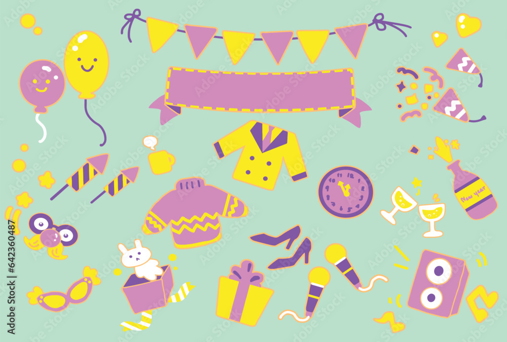 Icon stuff for happy new year,cartoon style flat color Icon stuff for happy new year,cartoon style flat color