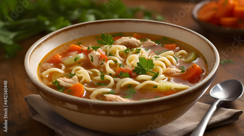A bowl of hearty and nutritious chicken noodle soup with vegetables