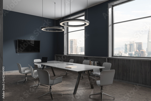 Dark business room interior with meeting table and seats  panoramic window