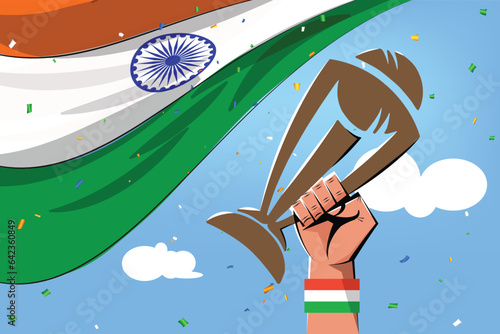 vector illustration of indian fan hand holding sports trophy and celebrating, indian flag behind