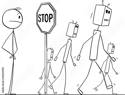 Human Loosing to AI or Robot Competitors, Vector Cartoon Stick Figure Illustration