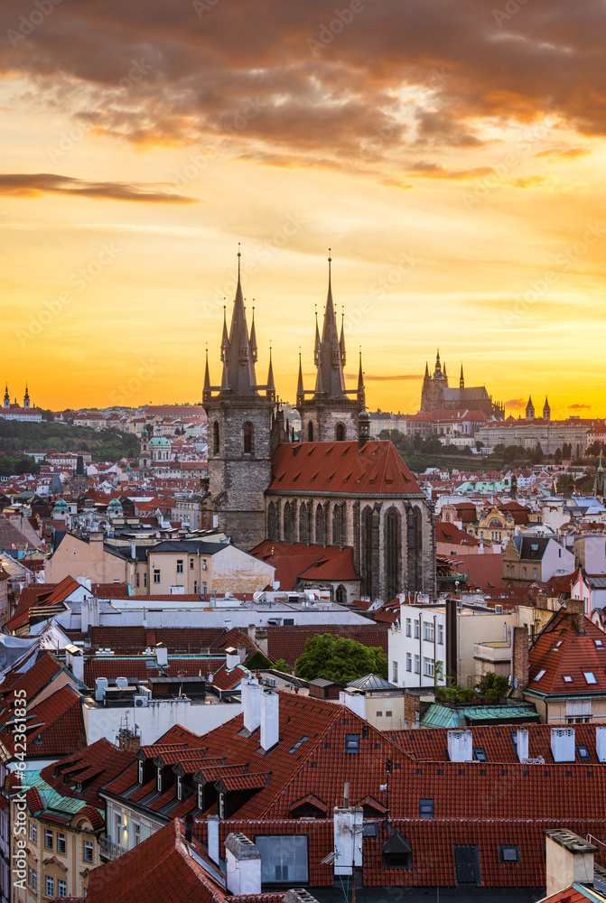 Aerial view of Prague cityscape during sunset. The Church of Our Lady before Tyn in the foreground.