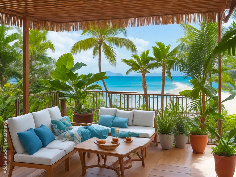 Fototapeta premium Beautiful open veranda with flowerpots