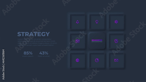 Nine dark neumorphic squares. Slide for business presentation. Infographic template