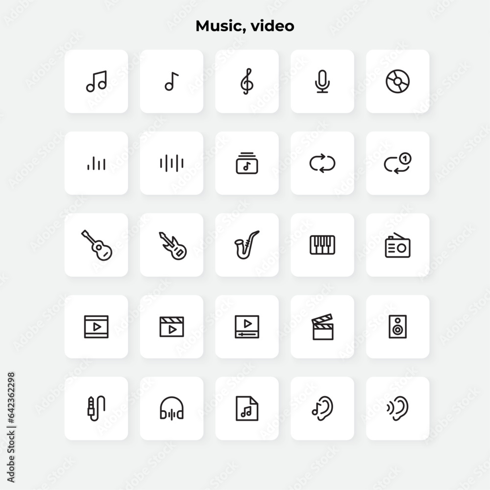 Audio and video line icons set. Notes, microphone, guitar, saxophone, piano and musical instruments