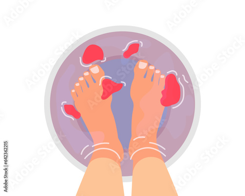 leg bath female feet soaking in bowl with flower petals vector illustration
