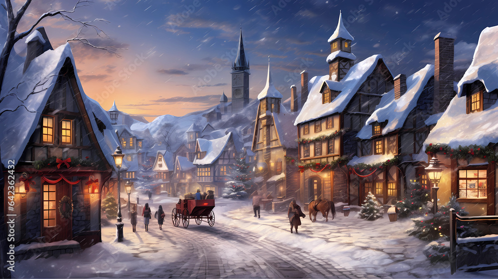 A picturesque village street after a fresh snowfall, with glowing windows and kids playing