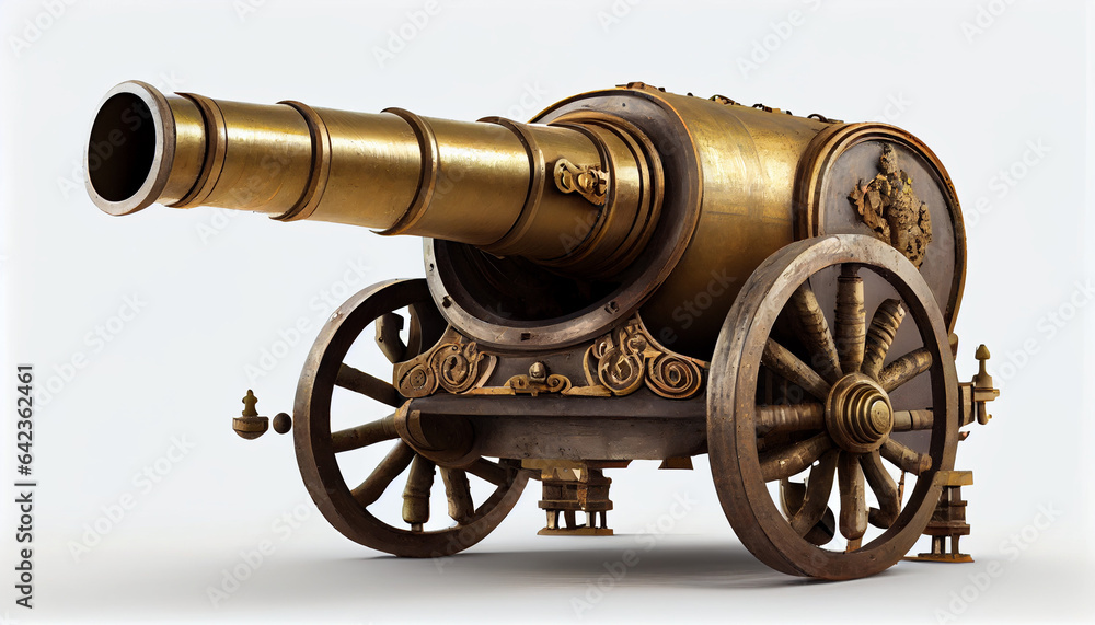A majestic vintage cannon positioned, isolated white background, old cannon isolated on white, Ai generated image 
