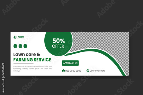Organic food and agriculture service, contemporary lawnmower garden or landscaping service design template for social media cover or post with geometric green gradient color shape discount offer