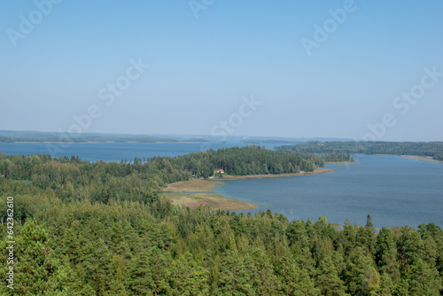 Evening view from the side of the lake to the city of Lahti, Finland, August 14, 2023.