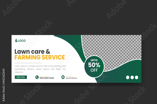 Organic food and agriculture service, contemporary lawnmower garden or landscaping service design template for social media cover or post with geometric green gradient color shape discount offer