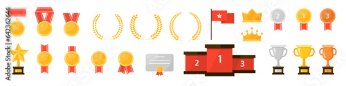 Winner's trophies and awards.Cups, medals, laurel wreaths, crowns, etc. Vector set