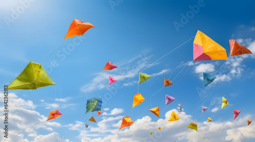 A group of colorful kites soaring high in the blue sky on a windy summer day
