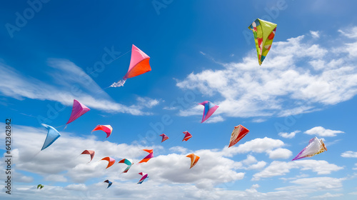A group of colorful kites soaring high in the blue sky on a windy summer day