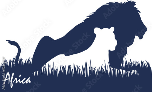 Vector silhouette of African animals. Lions on vacation.