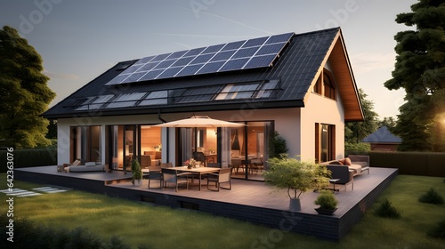 Solar panels installed on the roof of a modern house. Renewable energy concept.