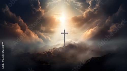 Jesus Christ cross. Christian cross on a background with dramatic lighting
