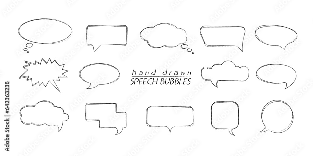 Hand drawn line speech talk bubbles on isolated background. Black and white illustration. Elements for posters and flyers, presentation, web, social media, design and stories Hand drawn line speech talk bubbles on isolated background. Black and white illustration. Elements for posters and flyers, presentation, web, social media, design and stories