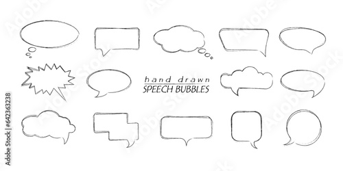 Hand drawn line speech talk bubbles on isolated background. Black and white illustration. Elements for posters and flyers, presentation, web, social media, design and stories