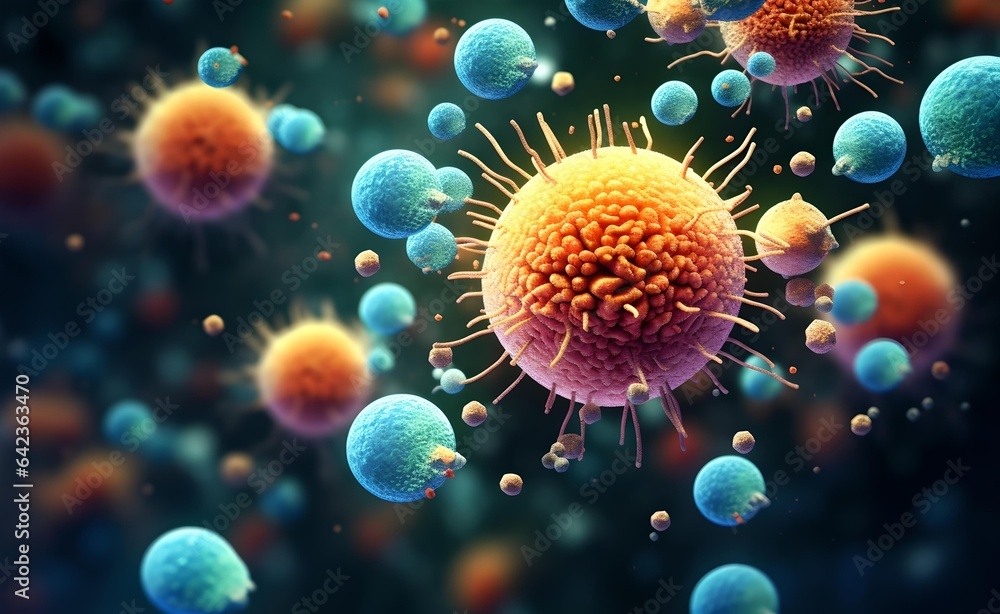 An abstract background with a macro shot of various microbes including virus cells and bacteria. An abstract background with a macro shot of various microbes including virus cells and bacteria.
