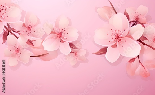 Pink cherry flowers on light pink background. Greeting card template for Wedding, mothers or womans day.