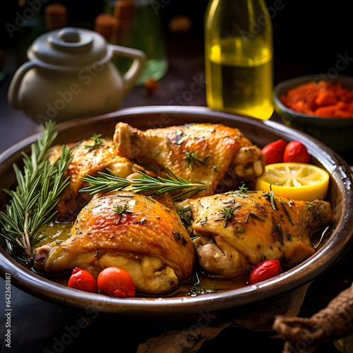 Yummy ingredient for cooking, restaurant, chicken, lemon, herbs, potatoes, tomatoes, olive 
