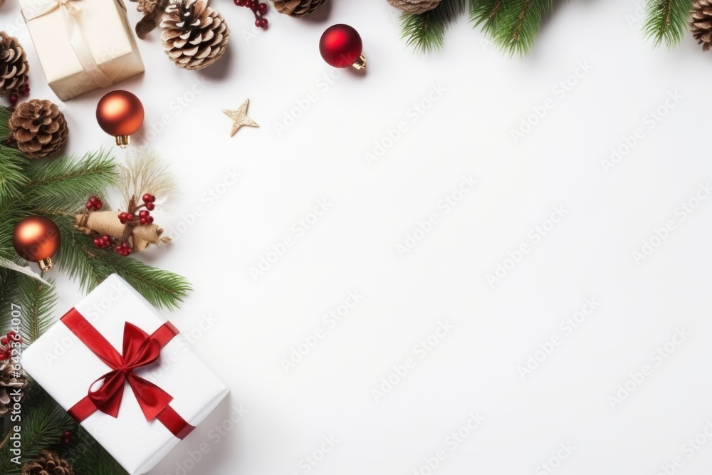 Christmas flat lay with blank empty space in middle for product display. Generative AI. Christmas flat lay with blank empty space in middle for product display. Generative AI.