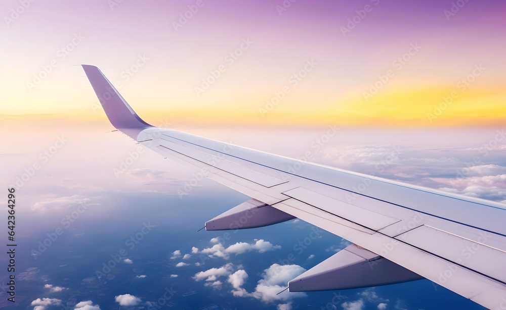 Fototapeta premium Plane wing in cloudy sky, pink and violet pastel cotton clouds in the sky. 