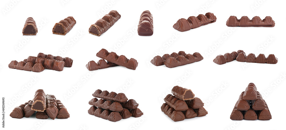 Collage with chocolate bars isolated on white