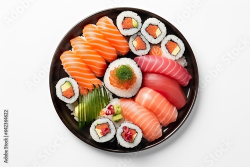Various kinds of Japanese sushi on white background, top view, Japanese food sushi closeup, Japanese food shop advertisement, Japanese food shop menu background