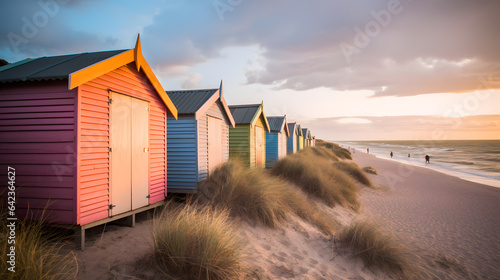 A picturesque row of beach huts in various colors, overlooking the ocean