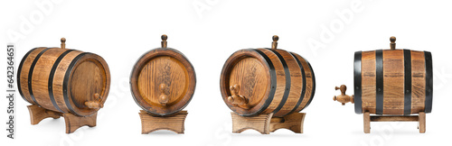 Collage of wooden barrel with tap on white background, different sides