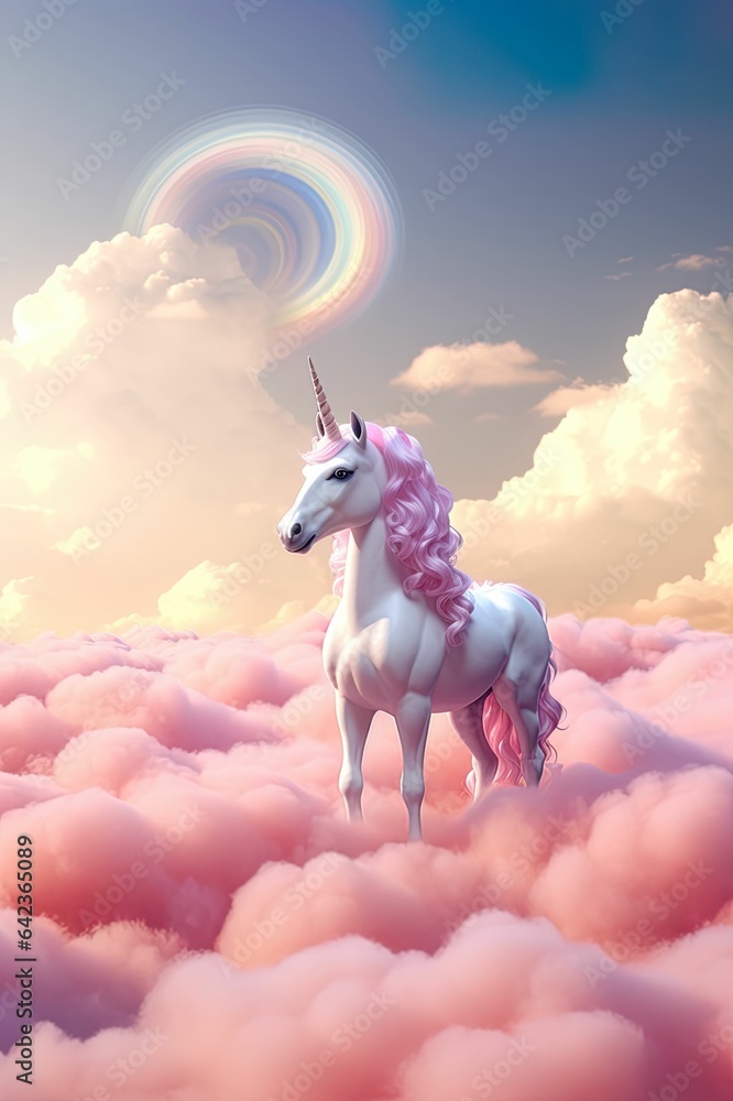 Abstract 3d unicorn and rainbow on clouds (vertical image), cute ...