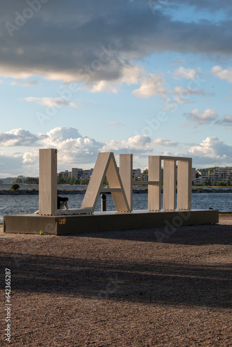 Evening view from the side of the lake to the city of Lahti, Finland, August 14, 2023. photo