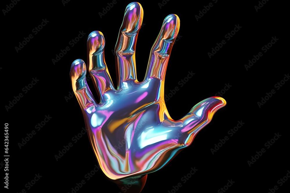 holographic 3d design art black paint gesture drip abstract three idea hand Hand isolated 3d background metallic Art concept gesture texture arm liquid touch futuristic holographic rendering liquid - obrazy, fototapety, plakaty 