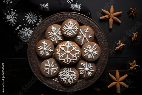 Spiced lebkuchen, German gingerbread cookie served on a plate, top down