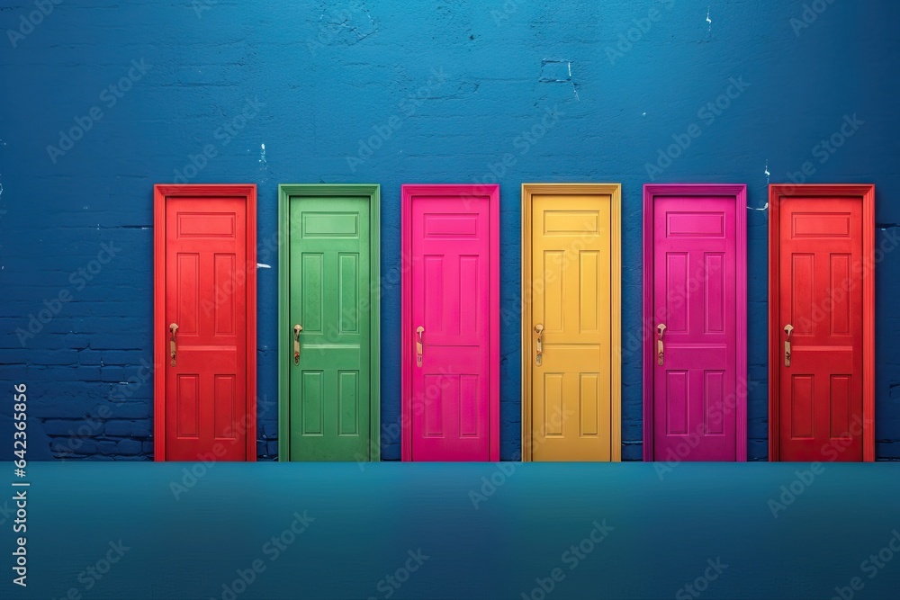 option opportunity choice career dilemma path room decision room a indoor choose door select Many lost chance colorful direction work decide alternative colourful door Concept doors right challenge - obrazy, fototapety, plakaty 