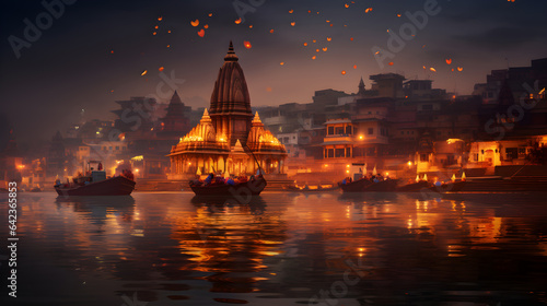 A hindu Vrindavan temple with beautiful lights and water generated by Ai