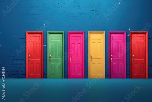option opportunity choice career dilemma path room decision room a indoor choose door select Many lost chance colorful direction work decide alternative colourful door Concept doors right challenge photo