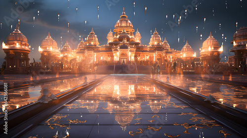 A hindu temple with beautiful lights and water generated by Ai