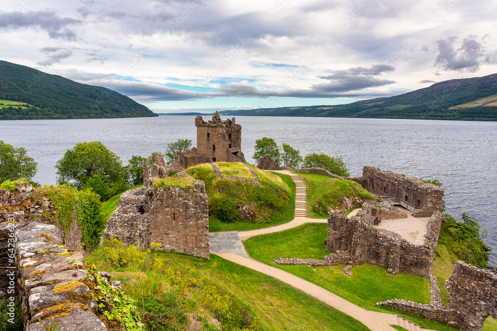 Ruins of the medieval Urquhart Castle located next to Loch Ness in Scotland, UK.